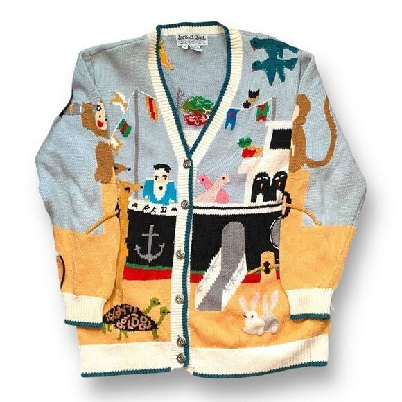 Vintage 90s Noah’s Ark Cardigan Sweater Bright Pattern Blue Animal Print Knit - Picture 11 of 11
